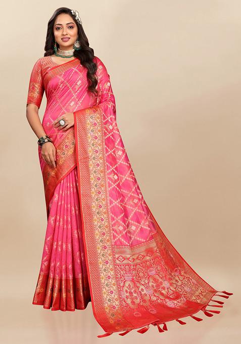 Pink Zari Woven Work Faux Kanjivaram Silk Saree Set