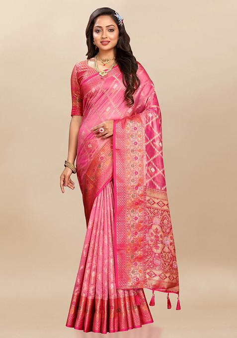 Peach Zari Woven Work Faux Kanjivaram Silk Saree Set