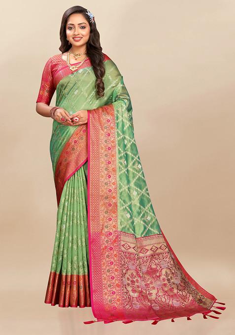 Green Zari Woven Work Faux Kanjivaram Silk Saree Set