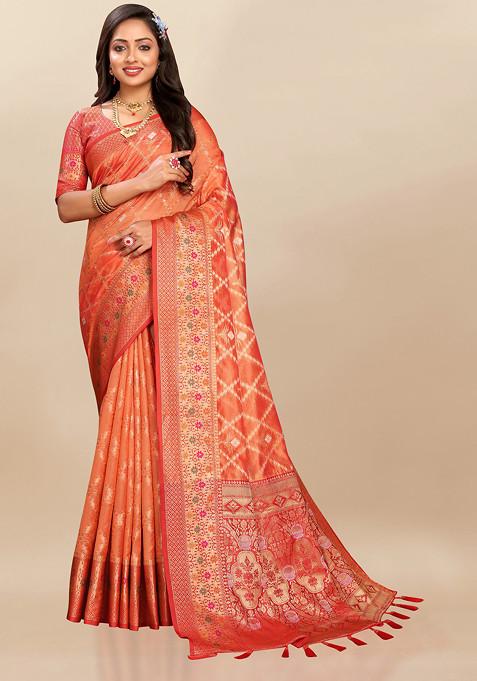 Orange Zari Woven Work Faux Kanjivaram Silk Saree Set