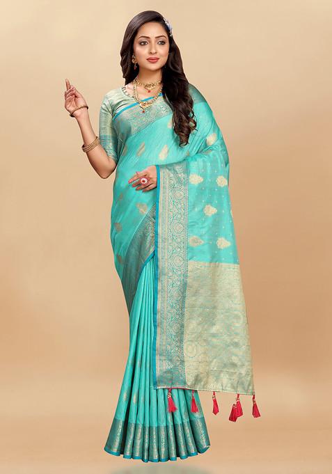 Teal Blue Zari Woven Work Silk Blend Saree Set