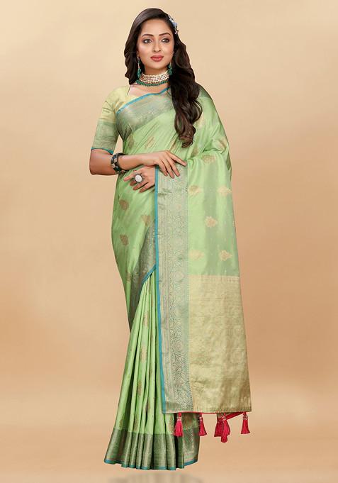 Green Zari Woven Floral Work Silk Blend Saree Set