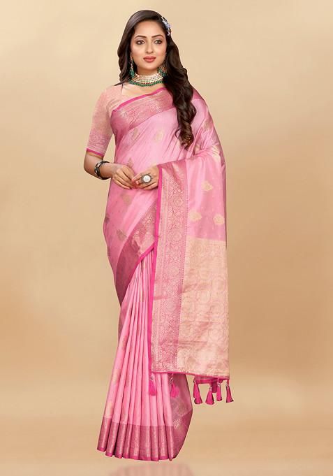 Pink Zari Woven Floral Work Silk Blend Saree Set