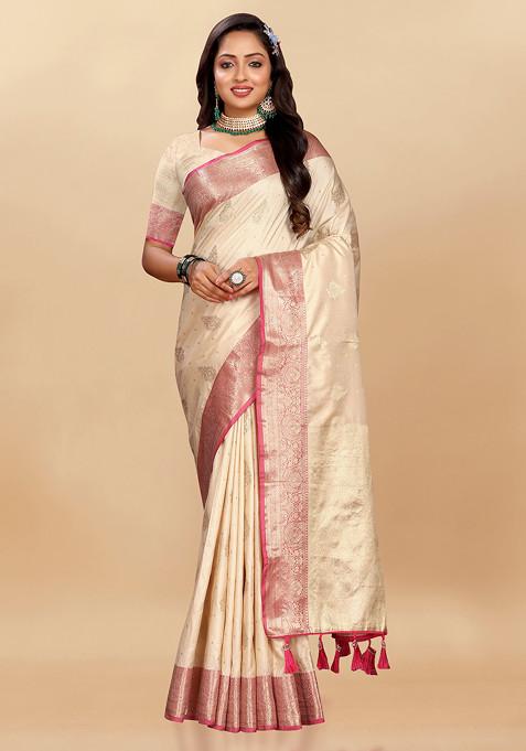 Cream Zari Woven Floral Work Silk Blend Saree Set