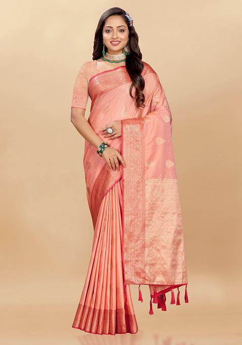 Peach Zari Woven Floral Work Silk Blend Saree Set