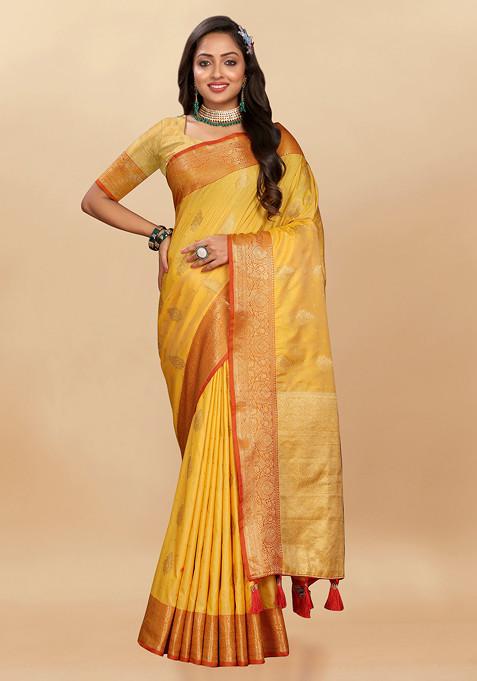 Yellow Zari Woven Floral Work Silk Blend Saree Set