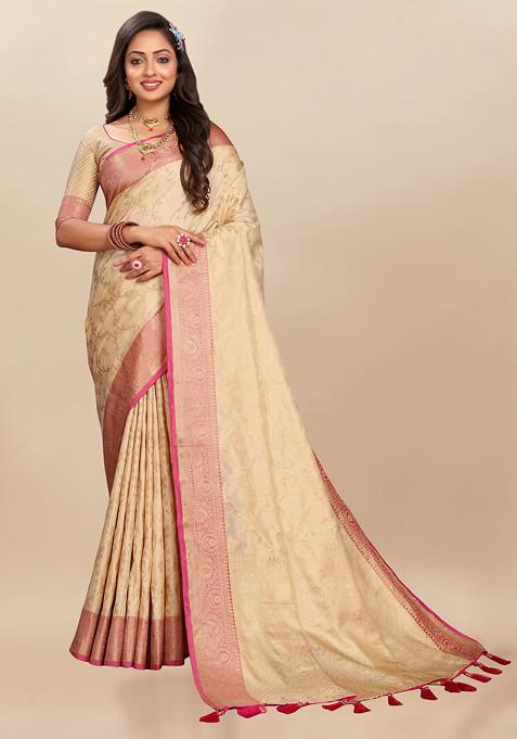 Cream Zari Woven Floral Work Silk Blend Saree Set