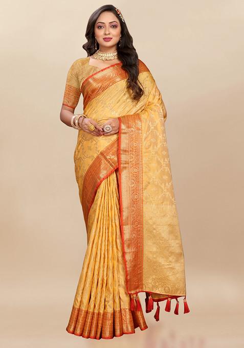 Yellow Zari Woven Floral Work Silk Blend Saree Set