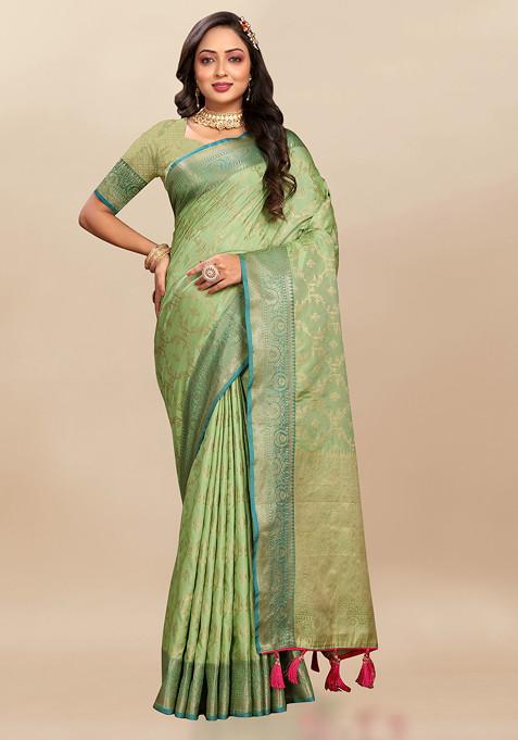 Green Zari Woven Floral Work Silk Blend Saree Set