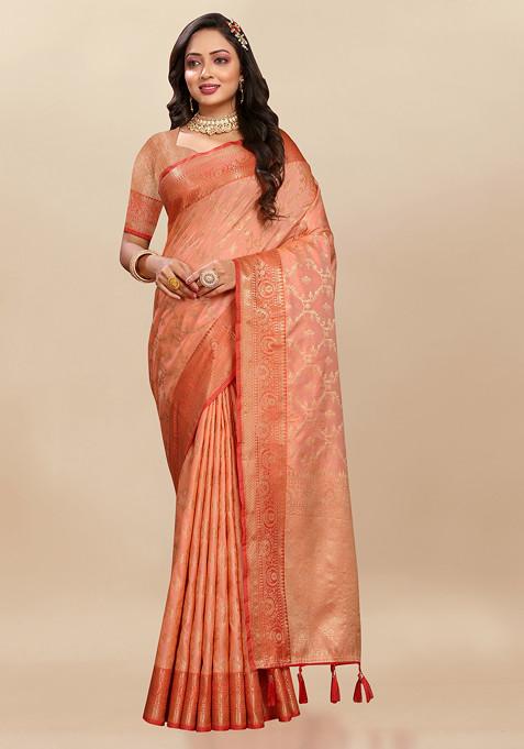 Orange Zari Woven Floral Work Silk Blend Saree Set