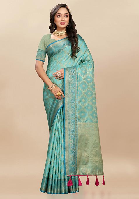 Teal Zari Woven Floral Work Silk Blend Saree Set