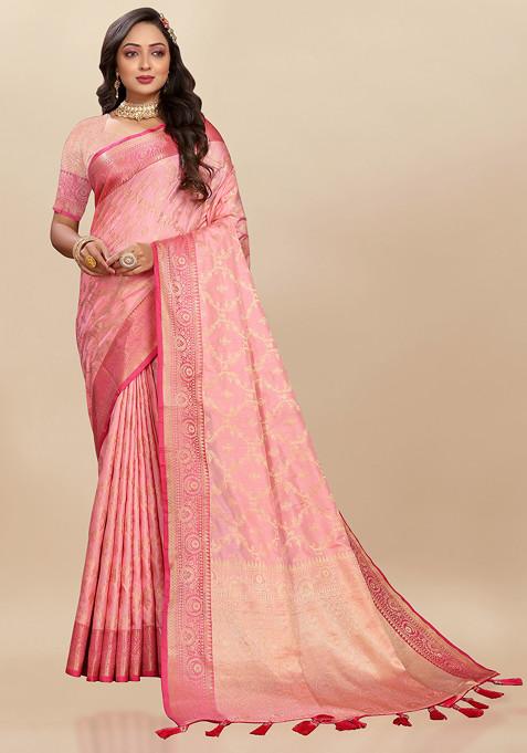 Pink Zari Woven Floral Work Silk Blend Saree Set