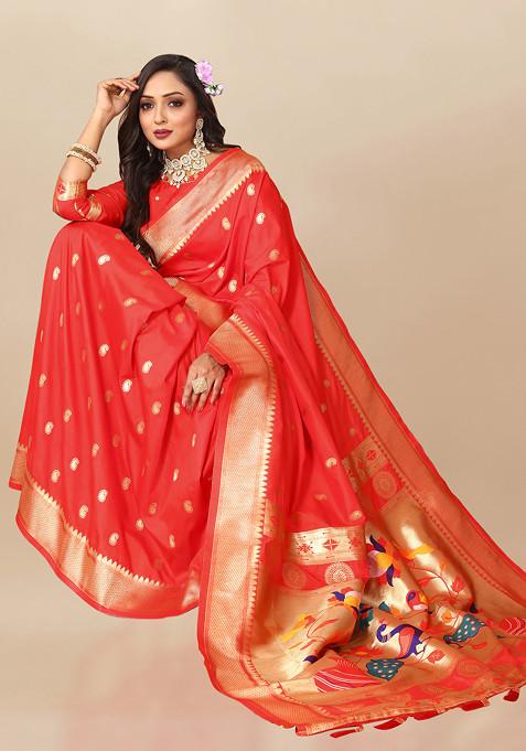 Red Zari Woven Design Paithani Silk Saree Set