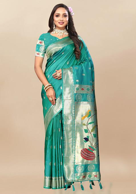 Teal Zari Woven Design Paithani Silk Saree Set