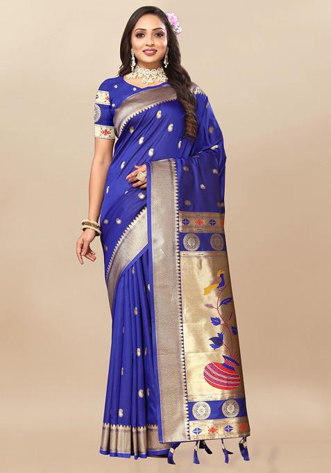 Blue Zari Woven Design Paithani Silk Saree Set