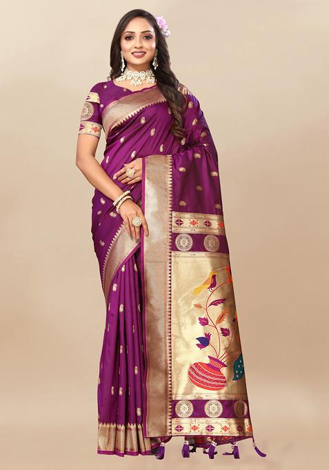 Wine Zari Woven Design Paithani Silk Saree Set