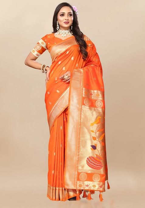 Orange Zari Woven Design Paithani Silk Saree Set