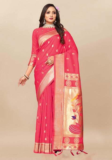 Pink Zari Woven Design Paithani Silk Saree Set