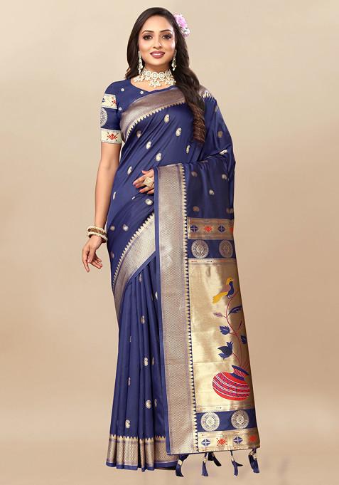 Navy Blue Zari Woven Design Paithani Silk Saree Set