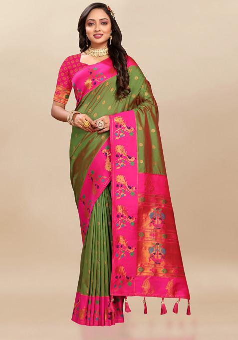 Green Zari Woven Design Paithani Silk Saree Set