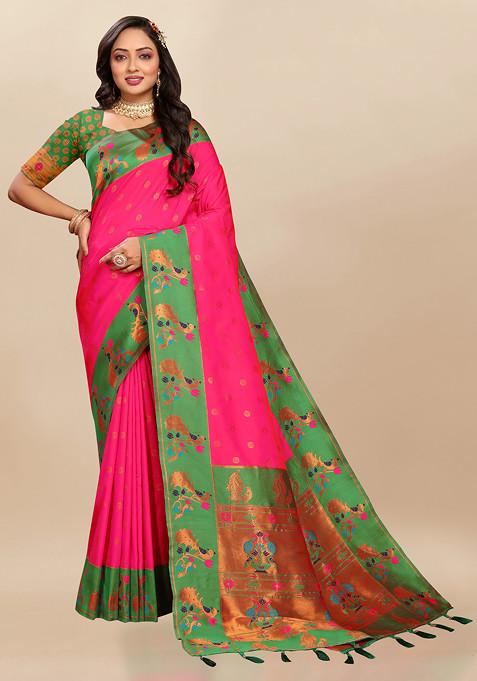 Pink Zari Woven Design Paithani Silk Saree Set