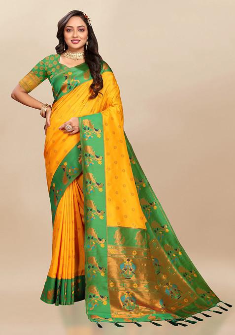 Yellow Zari Woven Design Paithani Silk Saree Set