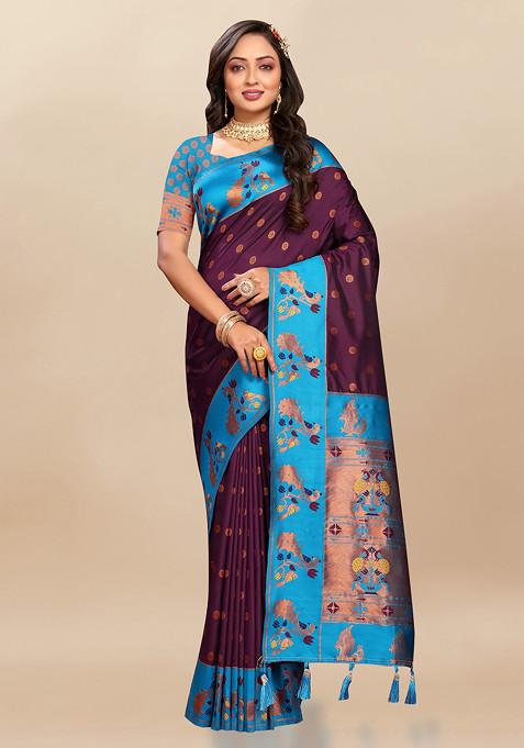 Wine Zari Woven Design Paithani Silk Saree Set