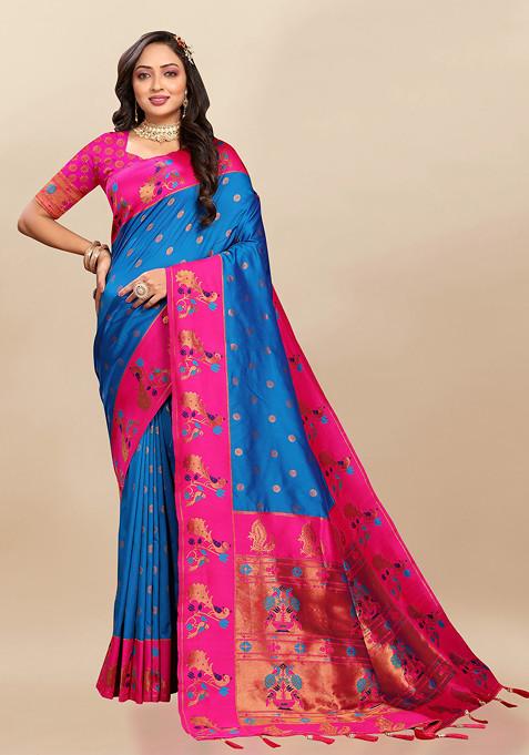 Blue Zari Woven Design Paithani Silk Saree Set