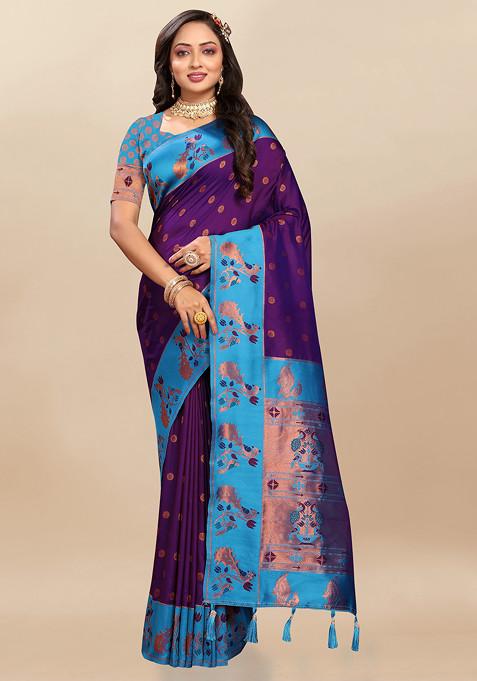 Purple Zari Woven Design Paithani Silk Saree Set