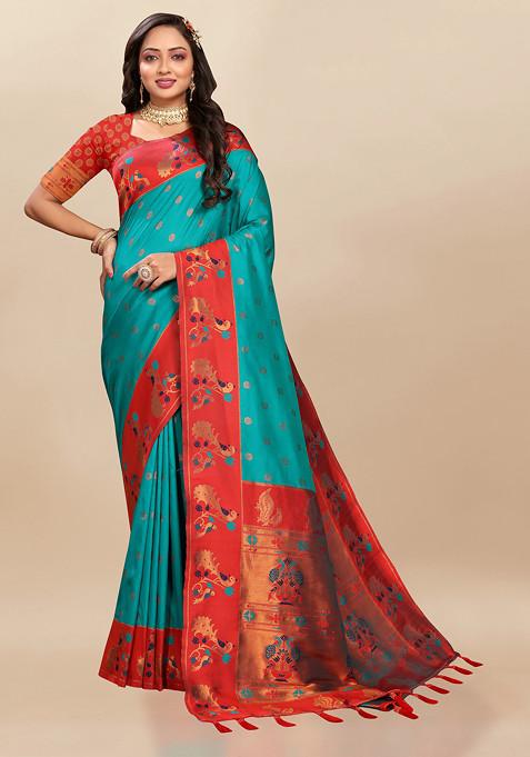 Teal Blue Zari Woven Design Paithani Silk Saree Set