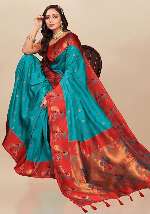 Teal Blue Color Chinon Self-Printed Zari Weaving Saree with Blouse