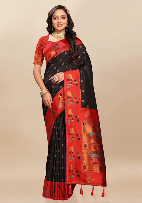 Black Zari Woven Design Paithani Silk Saree Set