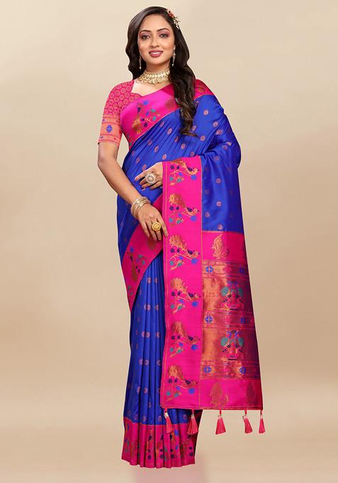 Dark Blue Zari Woven Design Paithani Silk Saree Set