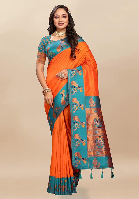 Orange Zari Woven Design Paithani Silk Saree Set