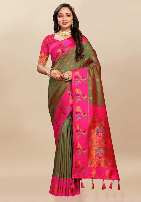 Mehendi Zari Woven Design Paithani Silk Saree Set