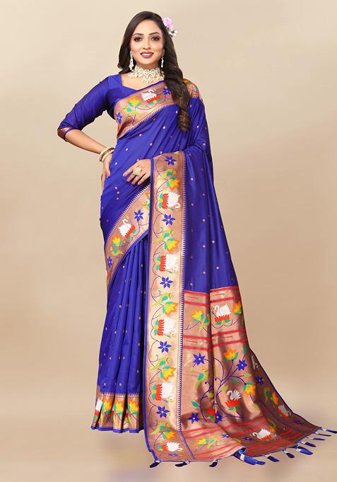 Blue Zari Woven Design Paithani Silk Saree Set