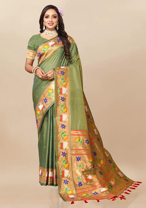 Mehendi Zari Woven Paithani Silk Saree Set