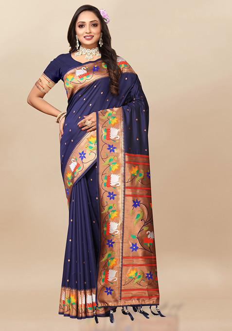 Navy Blue Zari Woven Design Paithani Silk Saree Set