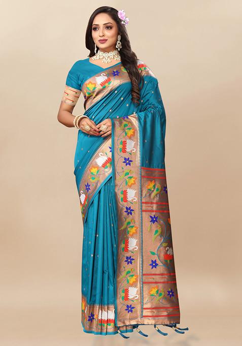 Teal Zari Woven Paithani Silk Saree Set