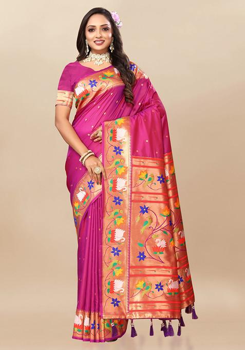 Pink Zari Woven Design Paithani Silk Saree Set