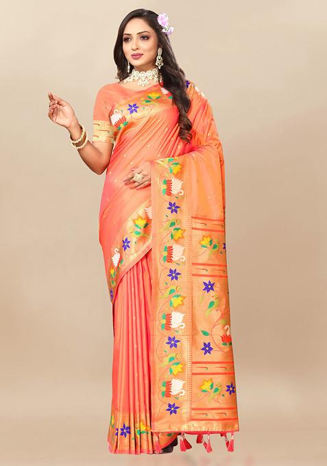 Orange Zari Woven Design Paithani Silk Saree Set