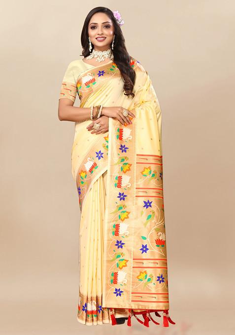 Cream Zari Woven Design Paithani Silk Saree Set