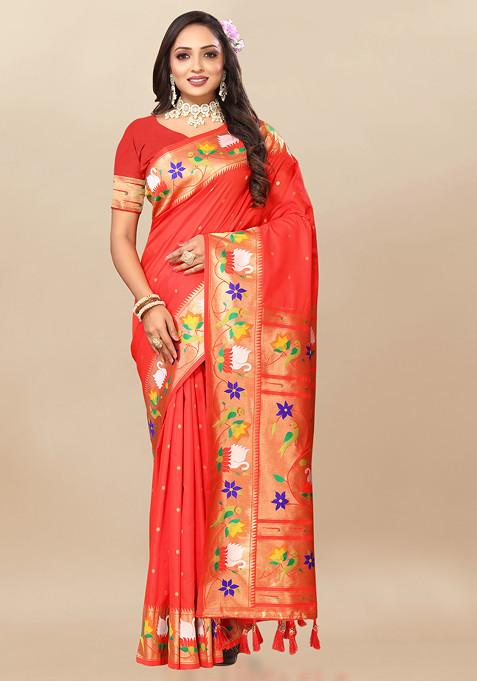 Dark Orange Zari Woven Design Paithani Silk Saree Set