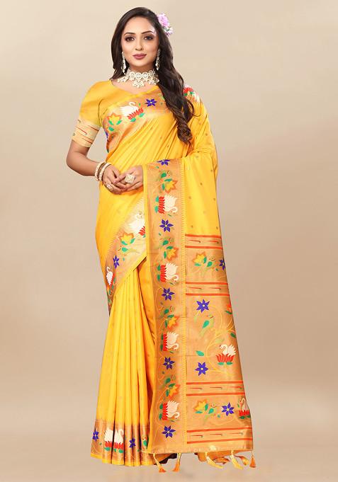 Yellow Zari Woven Paithani Silk Saree Set