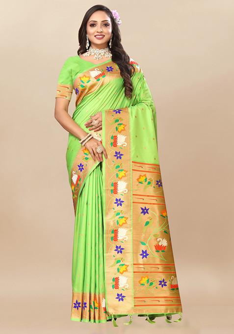 Parrot Green Zari Woven Design Paithani Silk Saree Set