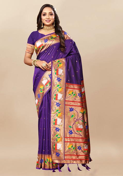 Dark Blue Zari Woven Paithani Silk Saree Set