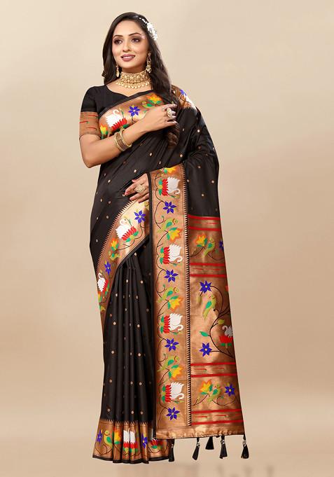 Black Zari Woven Design Paithani Silk Saree Set