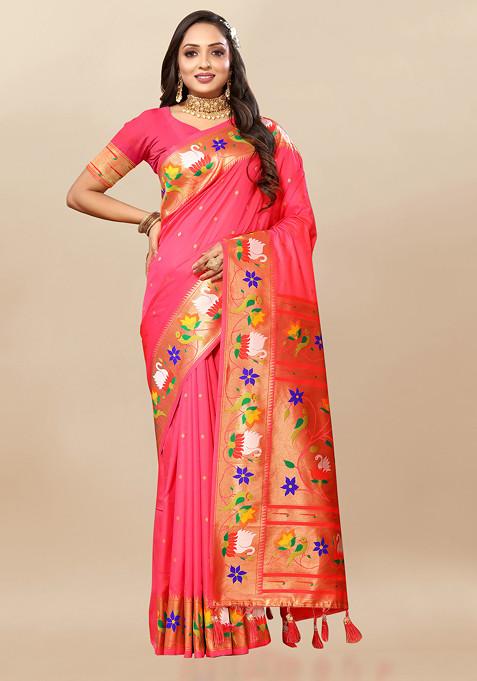 Dark Peach Zari Woven Design Paithani Silk Saree Set