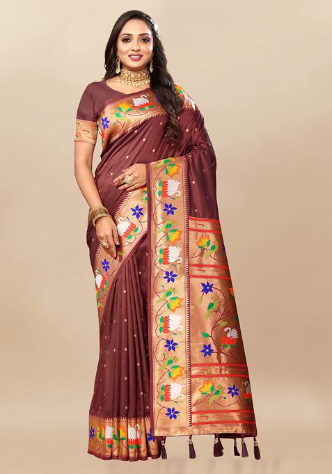 Coffee Brown Zari Woven Design Paithani Silk Saree Set