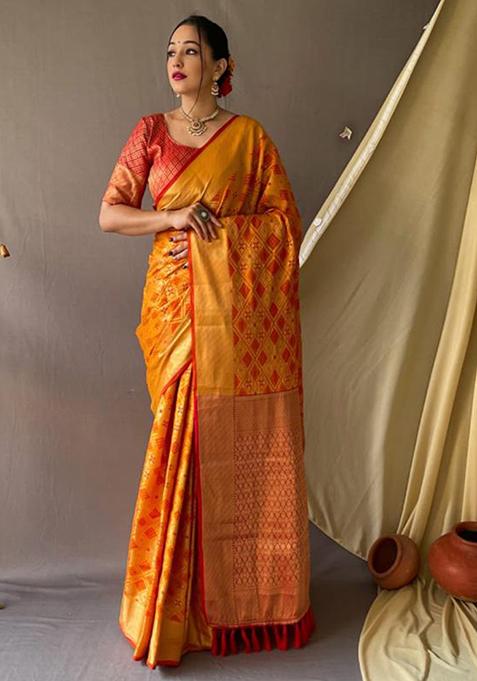 Orange Zari Woven Design Patola Silk Saree Set